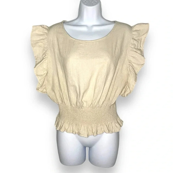 Cupcakes and Cashmere Beige Linen Blend Ruffle Sleeve Smocked Hem Blouse -Size L - Picture 7 of 7